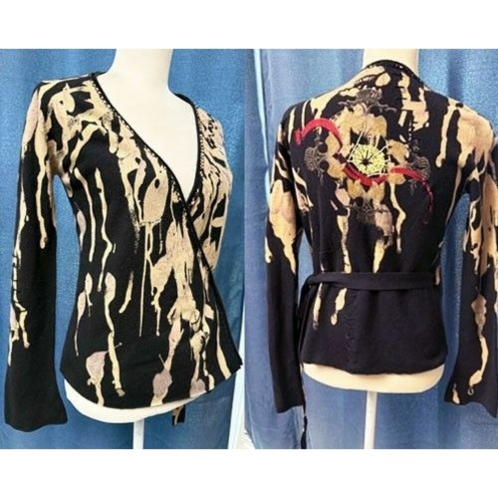 Raw 7 Cashmere Medium Wrap Cardigan Sweater Grunge Y2K Goth Streetwear Tattoo